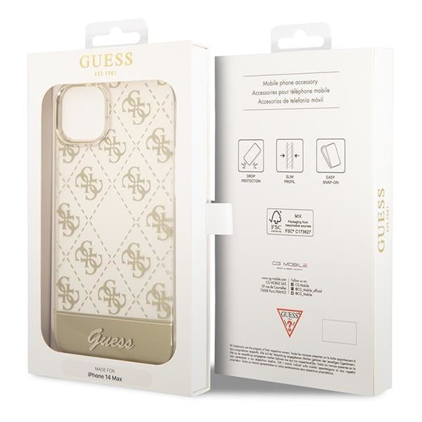 Кейс Guess GUHCP14MHG4MHG за iPhone 14 Plus 6.7", златен / златен, твърд, 4G Pattern Script
