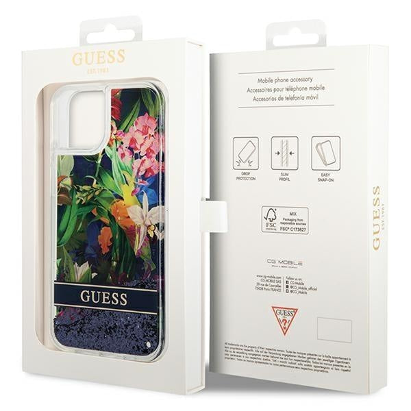 Кейс Guess GUHCP14MLFLSB за iPhone 14 Plus 6.7", син / син, твърд, Flower Liquid Glitter