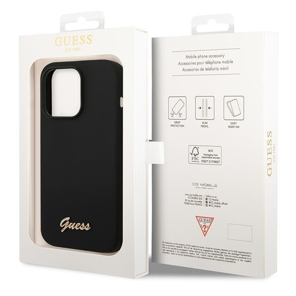 Кейс Guess GUHCP14XSLSMK за iPhone 14 Pro Max 6.7", черен / черен, твърд, Silicone Vintage Gold Logo