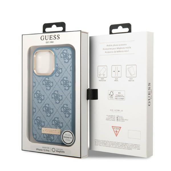 Кейс Guess GUHMP13LU4GPRB за iPhone 13 Pro / 13 6.1", син / син, твърд, 4G Logo Plate MagSafe