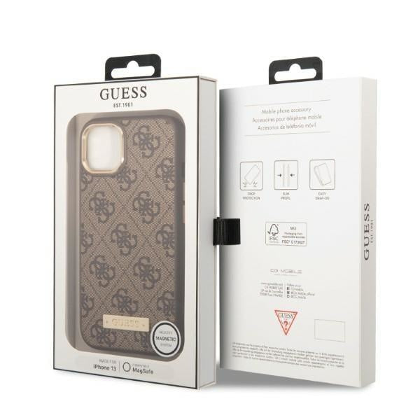 Кейс Guess GUHMP13MU4GPRW за iPhone 13 6.1", кафяв / кафяв, твърд, 4G Logo Plate MagSafe