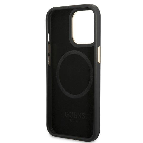 Кейс Guess GUHMP14LU4GPRK за iPhone 14 Pro 6.1", черен / черен, твърд, 4G Logo Plate MagSafe
