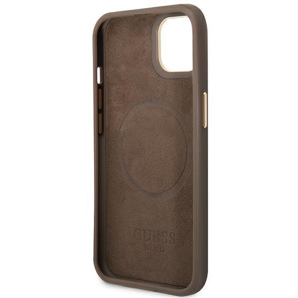 Кейс Guess GUHMP14SU4GPRW за iPhone 14 6.1", кафяв / кафяв, твърд, 4G Logo Plate MagSafe