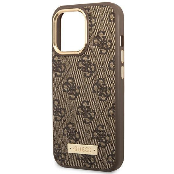 Кейс Guess GUHMP14XU4GPRW за iPhone 14 Pro Max 6.7", кафяв / кафяв, твърд, 4G Logo Plate MagSafe
