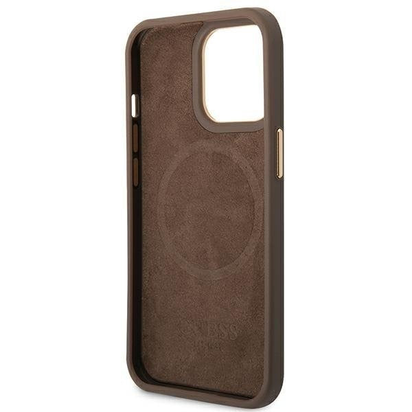 Кейс Guess GUHMP14XU4GPRW за iPhone 14 Pro Max 6.7", кафяв / кафяв, твърд, 4G Logo Plate MagSafe
