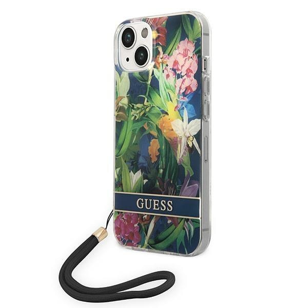 Кейс Guess GUOHCP14MHFLSB за iPhone 14 Plus 6.7", син / син, твърд, Flower Strap