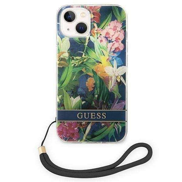 Кейс Guess GUOHCP14MHFLSB за iPhone 14 Plus 6.7", син / син, твърд, Flower Strap