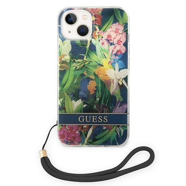 Кейс Guess GUOHCP14SHFLSB за iPhone 14 6.1", син / син, твърд, Flower Strap