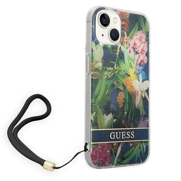 Кейс Guess GUOHCP14SHFLSB за iPhone 14 6.1", син / син, твърд, Flower Strap