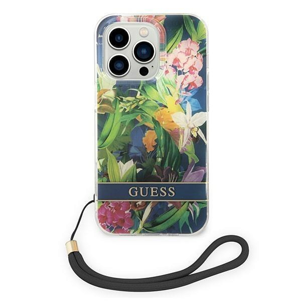 Кейс Guess GUOHCP14XHFLSB за iPhone 14 Pro Max 6.7", син / син, твърд, Flower Strap