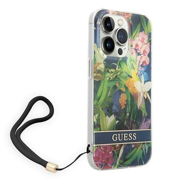 Кейс Guess GUOHCP14XHFLSB за iPhone 14 Pro Max 6.7", син / син, твърд, Flower Strap