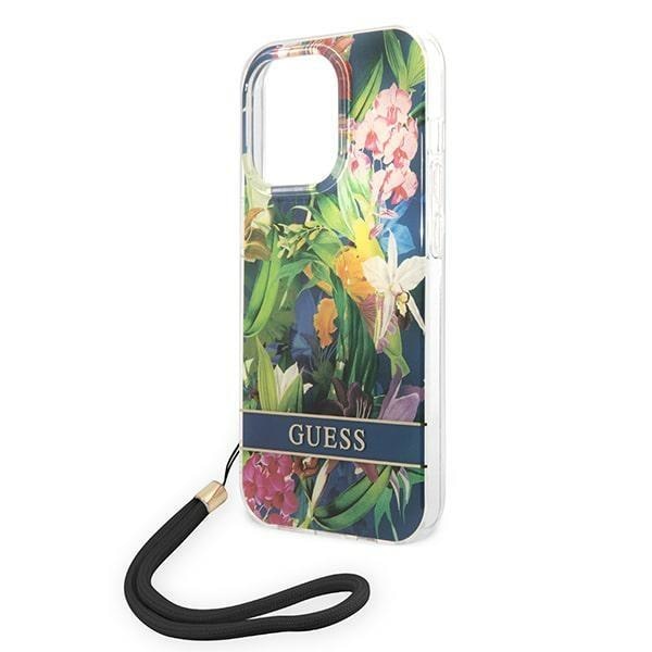 Кейс Guess GUOHCP14XHFLSB за iPhone 14 Pro Max 6.7", син / син, твърд, Flower Strap