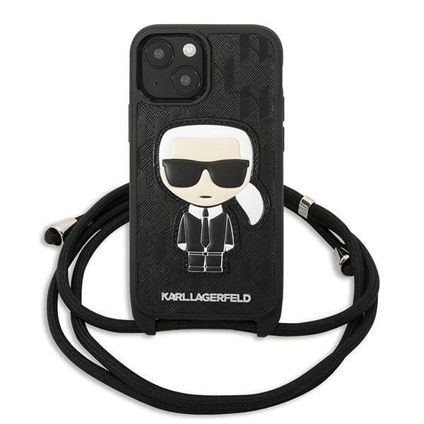 Кейс Karl Lagerfeld KLHCP13SCMNIPK за iPhone 13 mini 5,4", твърд, черен / черен, Leather Monogram Patch and Cord Iconik