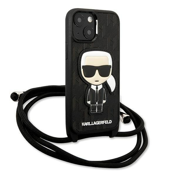Кейс Karl Lagerfeld KLHCP13SCMNIPK за iPhone 13 mini 5,4", твърд, черен / черен, Leather Monogram Patch and Cord Iconik