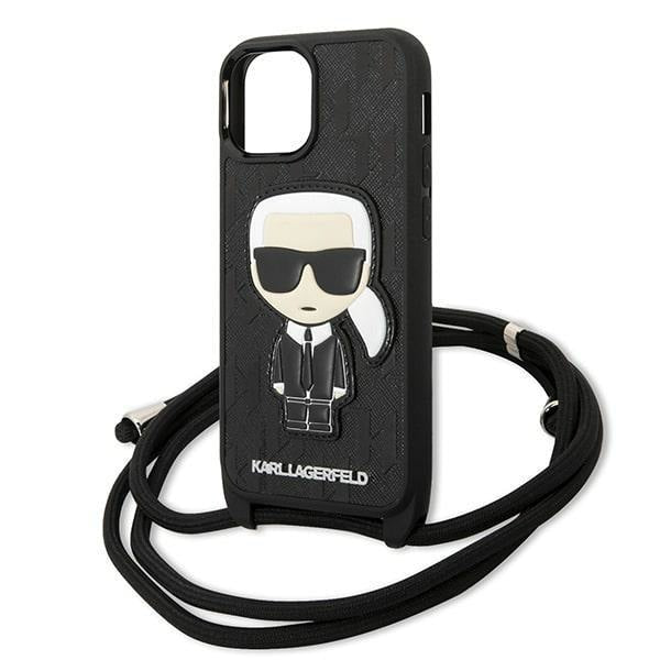 Кейс Karl Lagerfeld KLHCP13SCMNIPK за iPhone 13 mini 5,4", твърд, черен / черен, Leather Monogram Patch and Cord Iconik