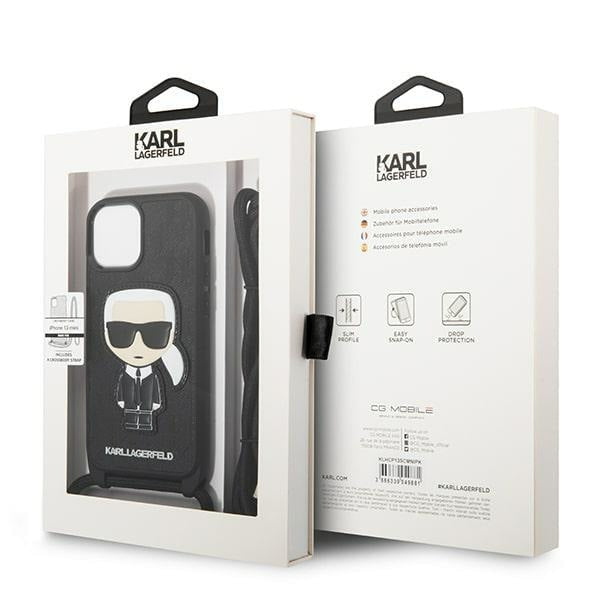 Кейс Karl Lagerfeld KLHCP13SCMNIPK за iPhone 13 mini 5,4", твърд, черен / черен, Leather Monogram Patch and Cord Iconik