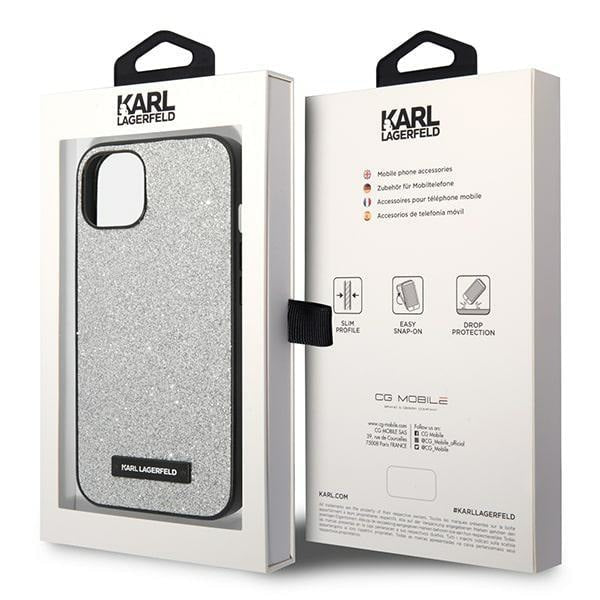 Кейс Karl Lagerfeld KLHCP14MG2ELS за iPhone 14 Plus 6.7", твърд, сребърен / сребърен, Glitter Plaque Logo