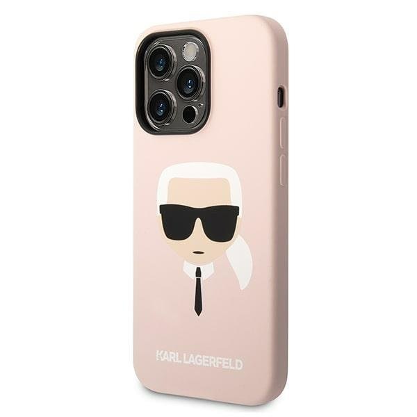 Кейс Karl Lagerfeld KLHMP14LSLKHLP за iPhone 14 Pro 6.1", твърд, светлорозов / светлорозов Silicone Karl`s Head, съвместим с MagSafe