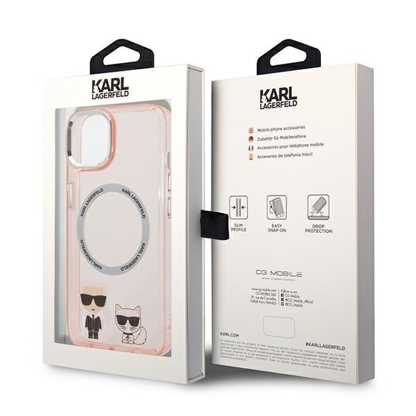 Кейс Karl Lagerfeld KLHMP14MHKCP за iPhone 14 Plus 6.7", твърд, розов / розов, Karl&Choupette Aluminum, съвместим с MagSafe