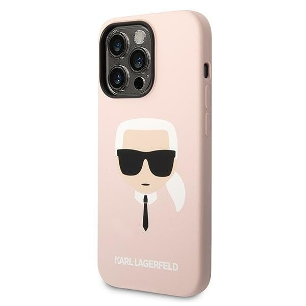Кейс Karl Lagerfeld KLHMP14XSLKHLP за iPhone 14 Pro Max 6.7", твърд, светлорозов / светлорозов Silicone Karl`s Head, съвместим с MagSafe