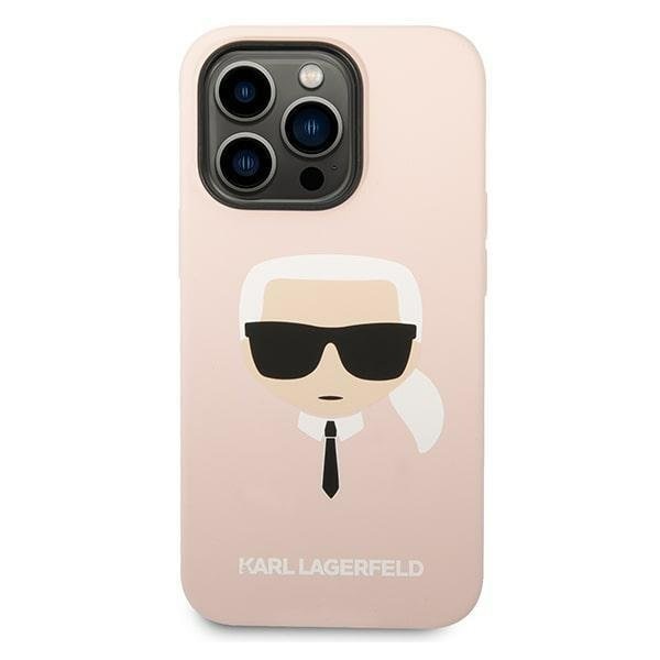 Кейс Karl Lagerfeld KLHMP14XSLKHLP за iPhone 14 Pro Max 6.7", твърд, светлорозов / светлорозов Silicone Karl`s Head, съвместим с MagSafe