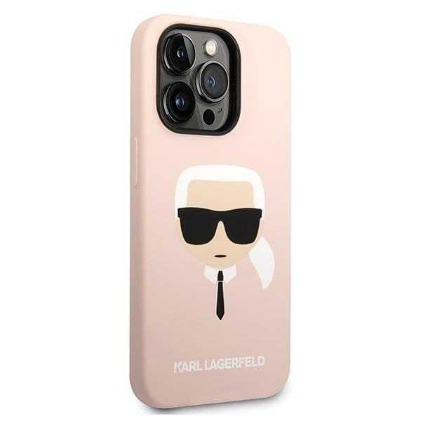 Кейс Karl Lagerfeld KLHMP14XSLKHLP за iPhone 14 Pro Max 6.7", твърд, светлорозов / светлорозов Silicone Karl`s Head, съвместим с MagSafe