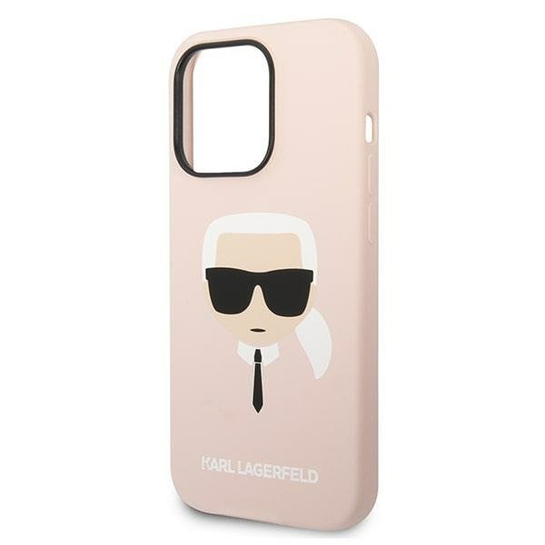 Кейс Karl Lagerfeld KLHMP14XSLKHLP за iPhone 14 Pro Max 6.7", твърд, светлорозов / светлорозов Silicone Karl`s Head, съвместим с MagSafe