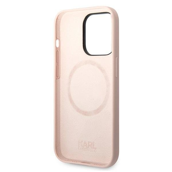 Кейс Karl Lagerfeld KLHMP14XSLKHLP за iPhone 14 Pro Max 6.7", твърд, светлорозов / светлорозов Silicone Karl`s Head, съвместим с MagSafe