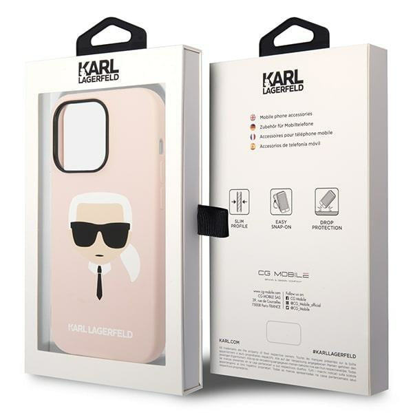 Кейс Karl Lagerfeld KLHMP14XSLKHLP за iPhone 14 Pro Max 6.7", твърд, светлорозов / светлорозов Silicone Karl`s Head, съвместим с MagSafe