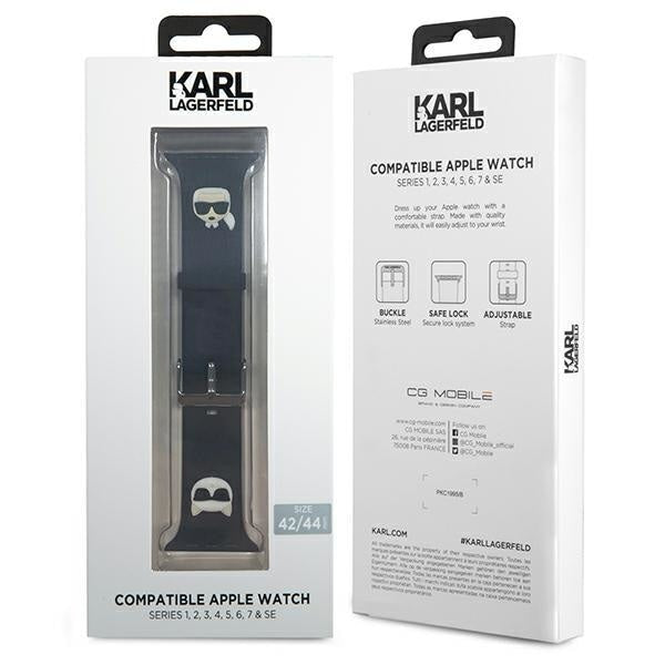 Силиконова каишка Karl Lagerfeld KLAWLSLCKK за Apple Watch 42/44/45mm, черен / черен, Silicone Karl&Choupette Heads