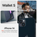 Кожен калъф Spigen Wallet S за iPhone 14 син