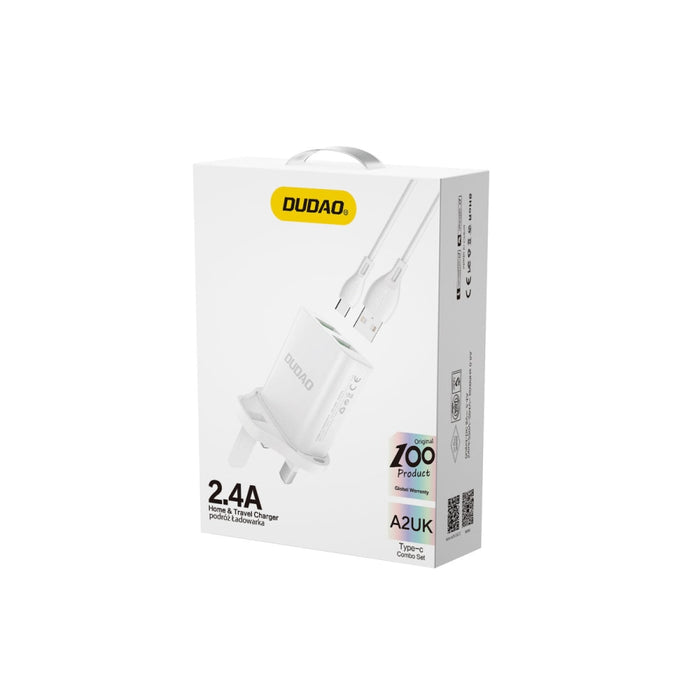 Адаптер Dudao UK 2x USB - A 2.4A бял + към microUSB кабел 1m