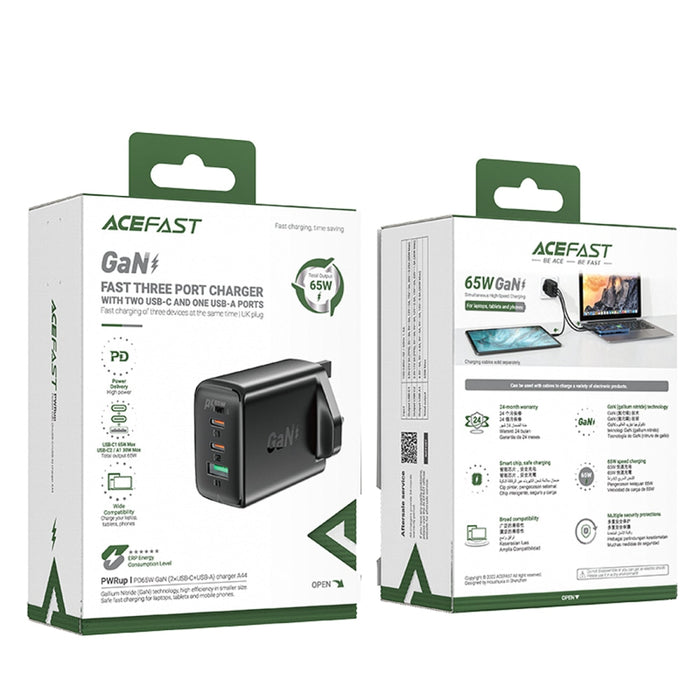 Адаптер Acefast GaN 65W 1x USB 2x USB - C PD UK черен (A44)