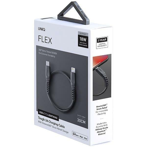 Кабел Uniq Flex USB - C към Lightning 18W 30cm сив