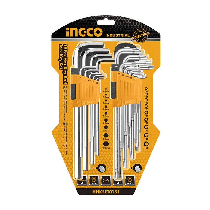 Комплект шестостенни и торксови ключове INGCO HHKSET0181, 1,5-10 мм, T10-T50