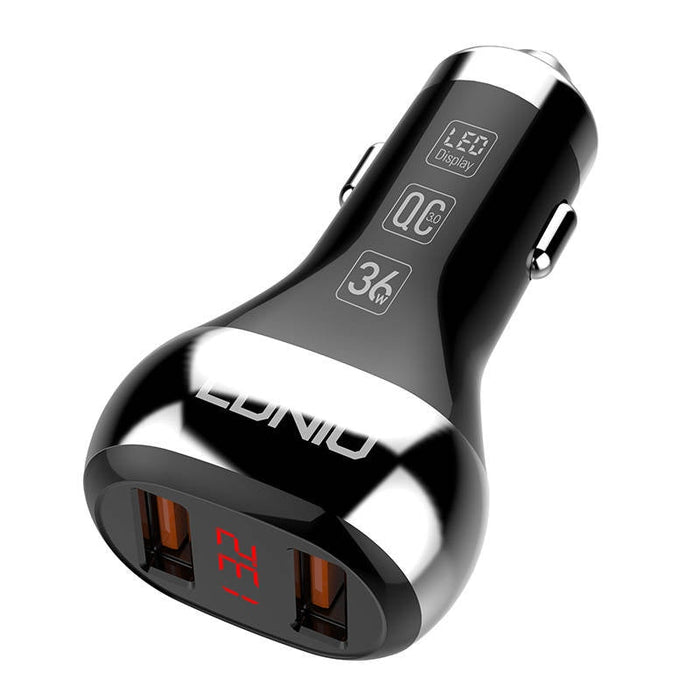 Зарядно устройство за кола LDNIO C2, 2x USB, QC 3.0, LED, 36W, Черен