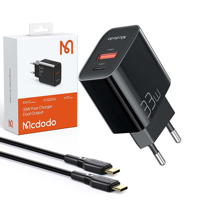 Адаптер Mcdodo CH-0922, USB + USB-C, 33W, с USB-C кабел, 1.2m, черен