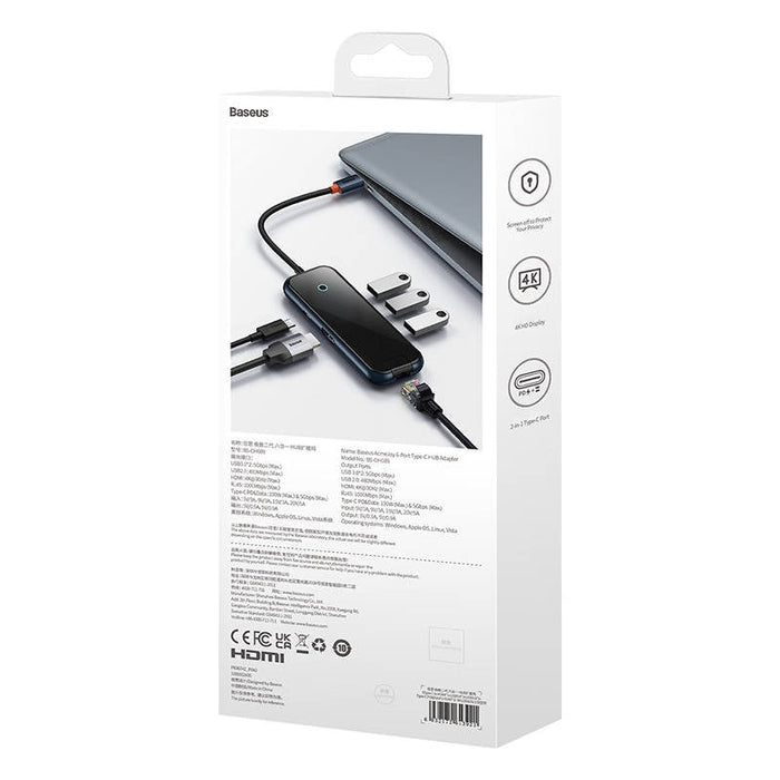 Хъб 6в1 Baseus AcmeJoy series, USB-C към 2xUSB 3.0 + USB 2.0 + USB-C PD + HDMI + RJ45, тъмносив