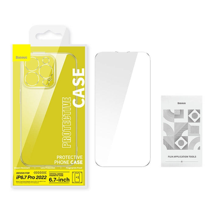 Кейс Baseus Crystal Magnetic за iPhone 14 Pro Max, със скрийн протектор от закалено стъкло, прозрачен