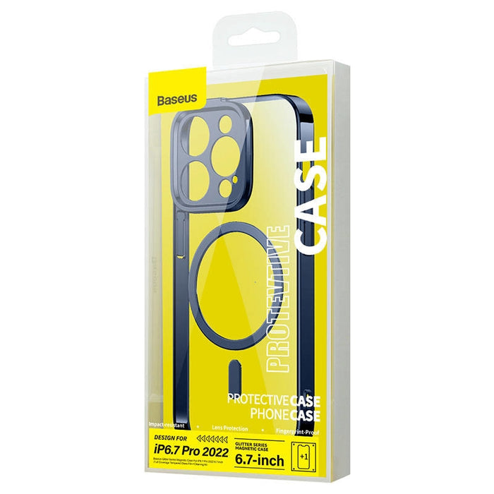 Кейс Baseus Glitter Magnetic за iPhone 14 Pro Max, със скрийн протектор от закалено стъкло, син