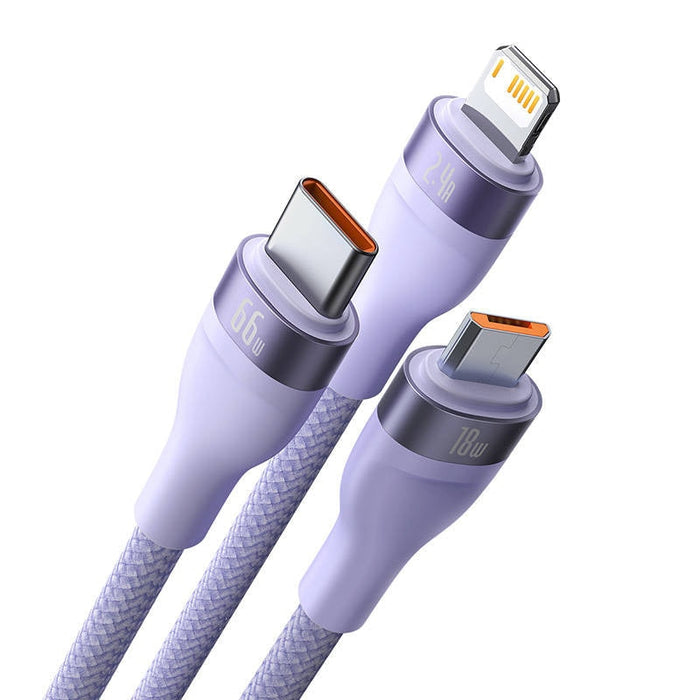 Кабел 3в1 Baseus Flash II Series, USB към USB-C + micro USB + Lightning, 66W, 1.2m, лилав