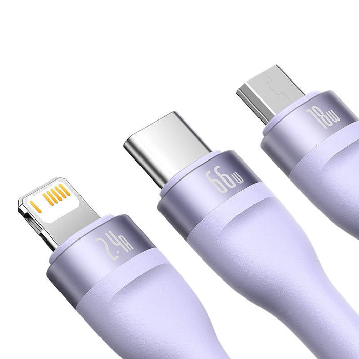Кабел 3в1 Baseus Flash II Series, USB към USB-C + micro USB + Lightning, 66W, 1.2m, лилав