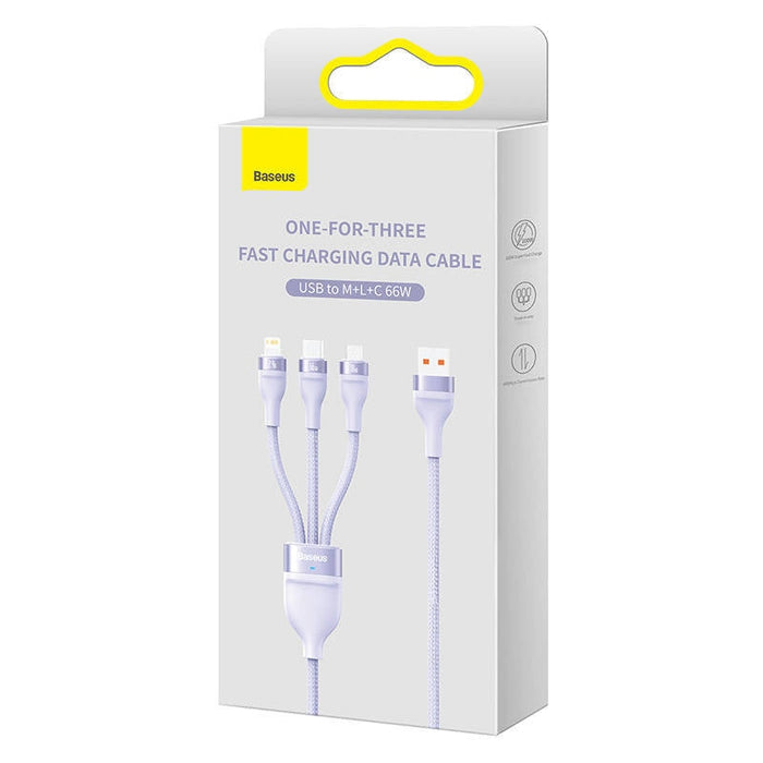 Кабел 3в1 Baseus Flash II Series, USB към USB-C + micro USB + Lightning, 66W, 1.2m, лилав
