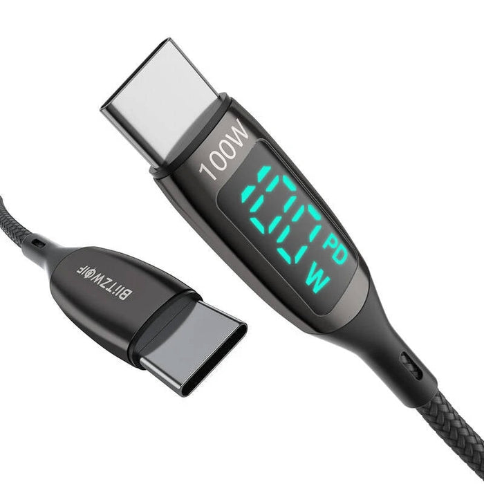 Кабел BlitzWolf BW-TC23, USB-C към USB-C, с дисплей, 100W, 0.9m, черен