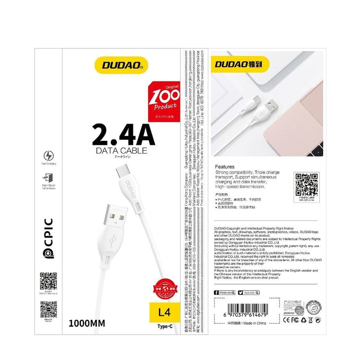 Кабел Dudao L4l USB към Lightning 2.1A 1m бял