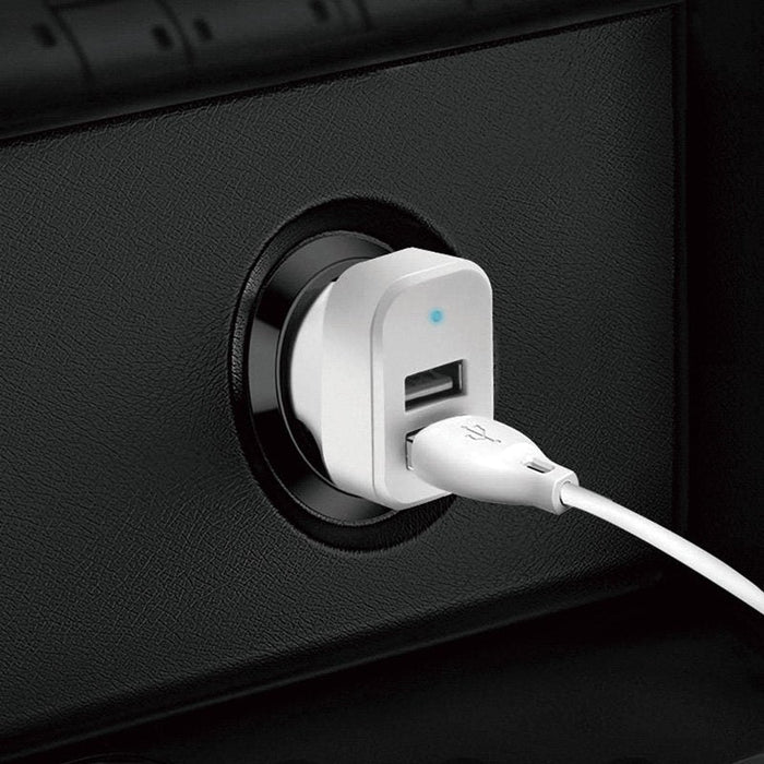 Зарядно устройство за кола Dudao с 2 порта, 2.4A, 3в1 USB към Lightning, USB-C, Micro USB кабел, бял