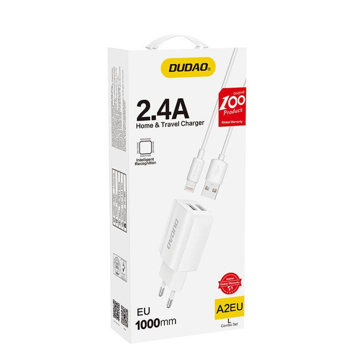 Безжично зарядно устройство Dudao A2EU с кабел Lightning, 2.4A, 2 X USB, Бял