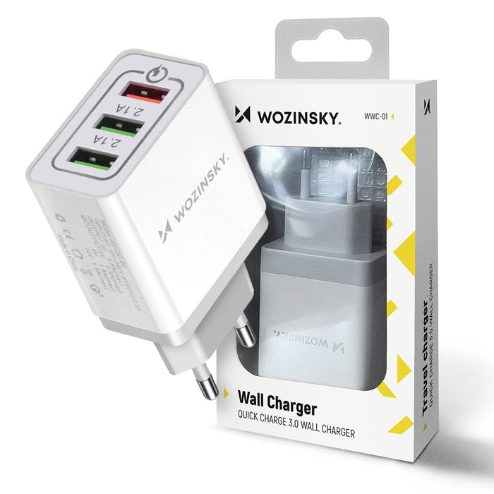 Мрежово зарядно Wozinsky QC 3.0 3xUSB 30W бял