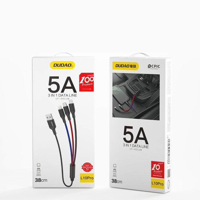 Кабел Dudao, 3в1 USB към USB-C, Micro USB и Lightning, 5A, 38 cm, бял