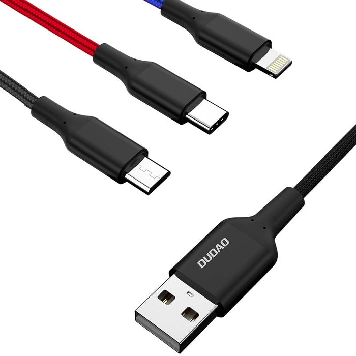 Кабел Dudao, 3в1 USB към USB-C, Micro USB и Lightning, 5A, 38 cm, бял